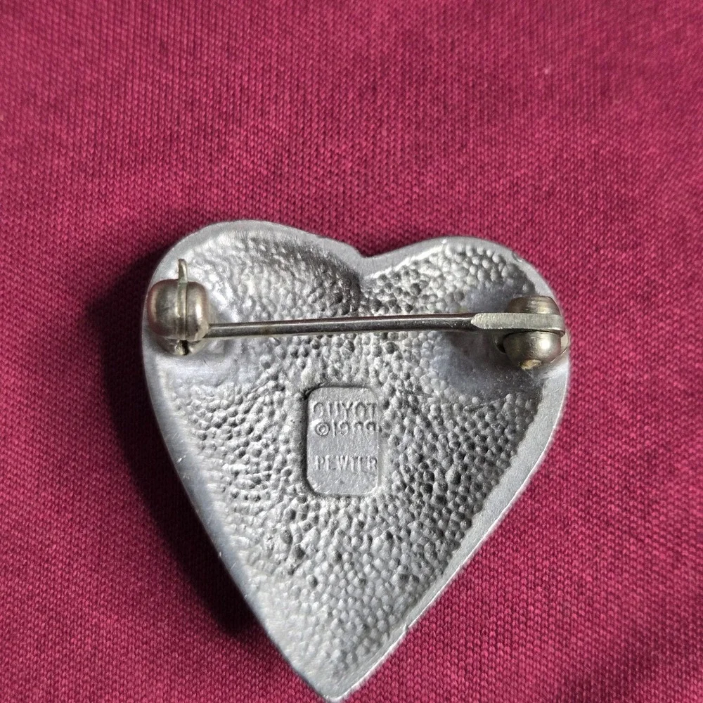 Vintage Guyot Heart Brooch Lapel Pin Pewter Silver Tone Signed 1989 Nurse Pin 1